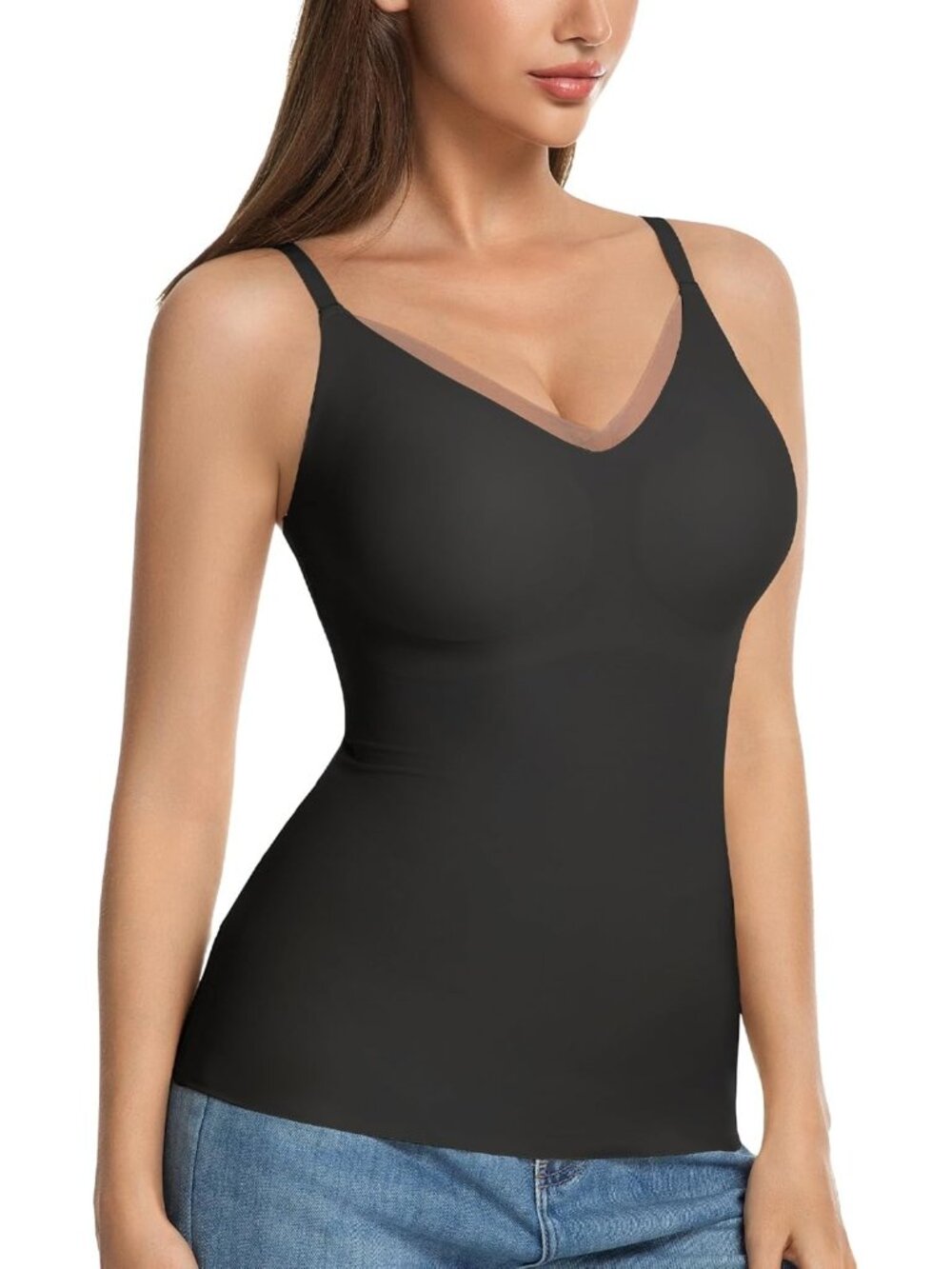 〽️ Women's Black Sleeveless V Neck Lace Seamless Bra Workout Summer Camisole Top